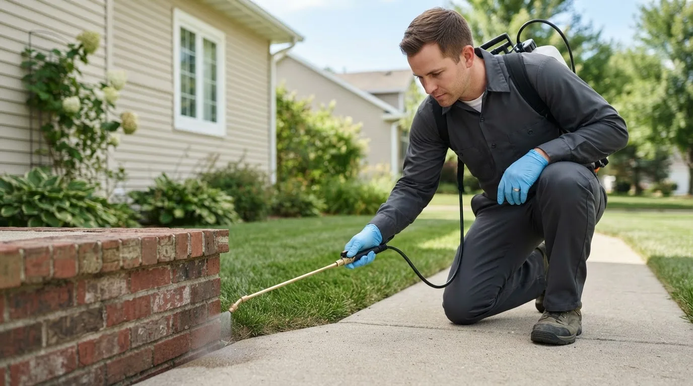 Pest control technician treating a home near Cherry Valley, IL