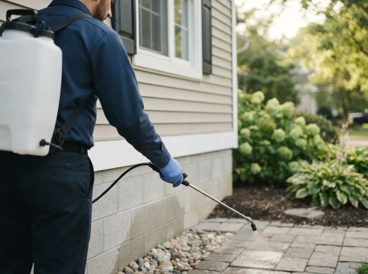 Pest control technician inspecting a home in Cherry Valley, IL